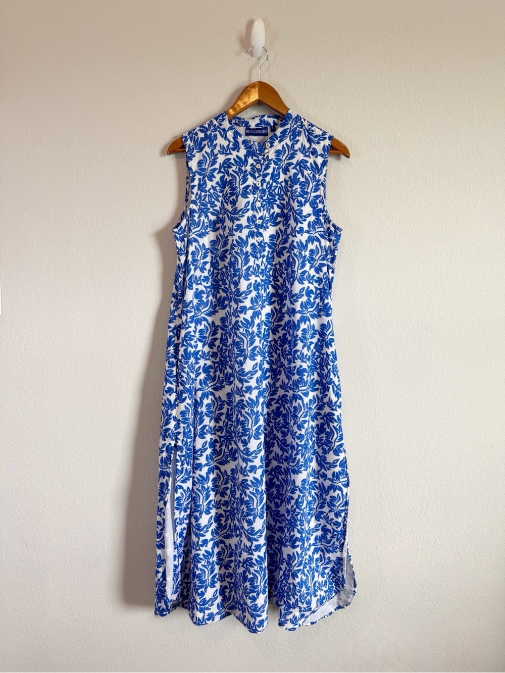 Ro's Garden Blue Floral Devina Cotton Midi Sleeveless Dress Size Large